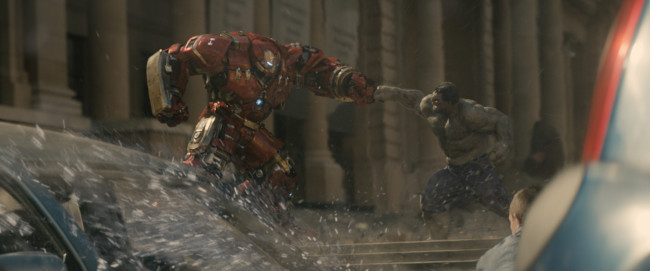 Marvel's Avengers: Age Of Ultron..L to R: Iron Man's Hulkbuster suit (Robert Downey Jr.) vs. Hulk (Mark Ruffalo)..Ph: Film Frame..©Marvel 2015