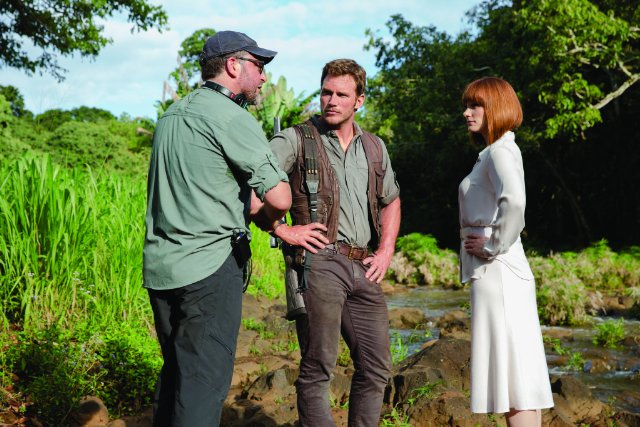 Director Colin Trevorrow, Chris Pratt and Bryce Dallas Howard.