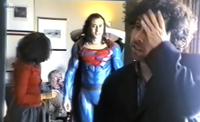 Nicolas Cage & director Tim Burton during a costume test for 'Superman Lives'.